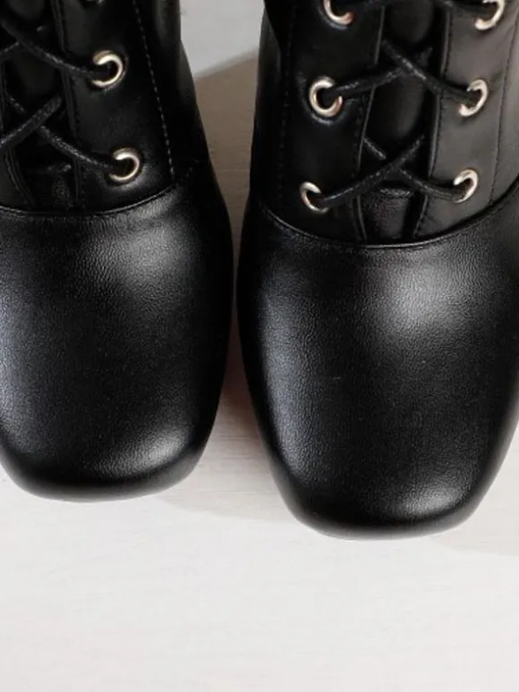 Cuissardes pour femmes Bottes d'hiver en cuir PU noir à bout carré et talon épais