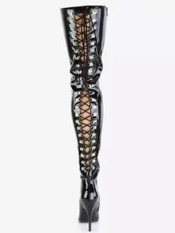 Cuissardes sexy femme noir en cuir synthétique bout pointu talon haut