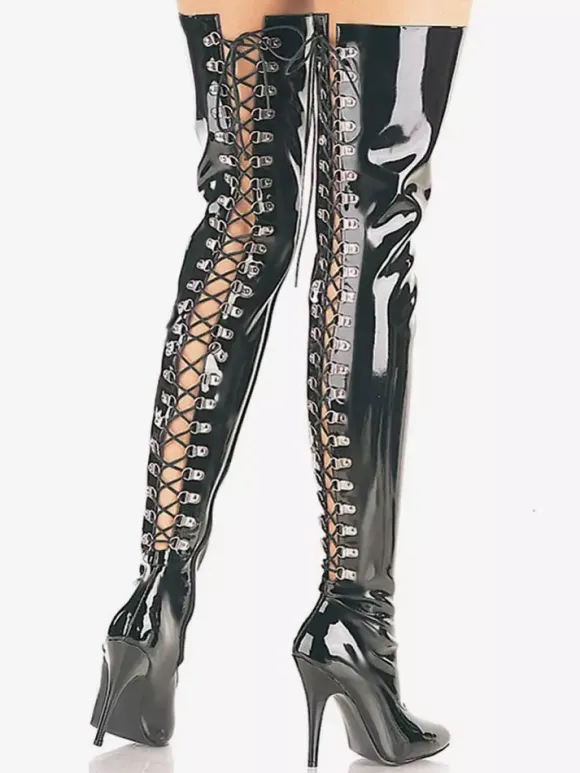 Cuissardes sexy femme noir en cuir synthétique bout pointu talon haut