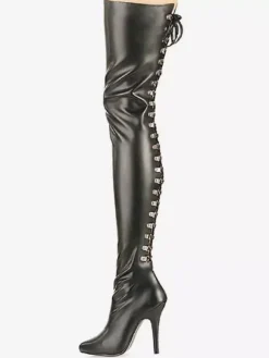 Cuissardes sexy femme noir en cuir synthétique bout pointu talon haut