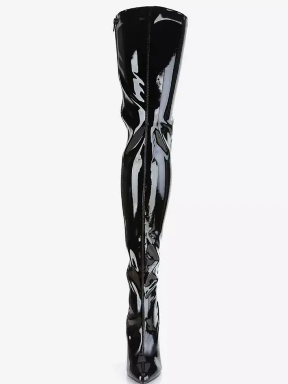 Cuissardes sexy femme noir en cuir synthétique bout pointu talon haut