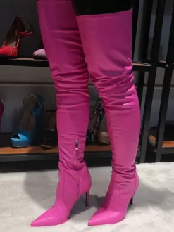 Cuissardes Sexy Femmes à Talons Hautes Fins Hiver à Cuir Synthétique avec Bout Pointu à Zip Unicolore Sexy