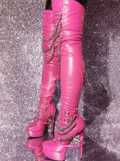 Cuissardes sexy pour femmes bout rond talon aiguille cuir PU