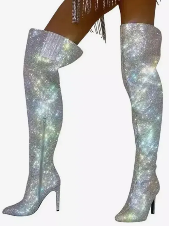 Cuissardes sexy à strass et bout pointu fermeture éclair talons hauts cuissardes