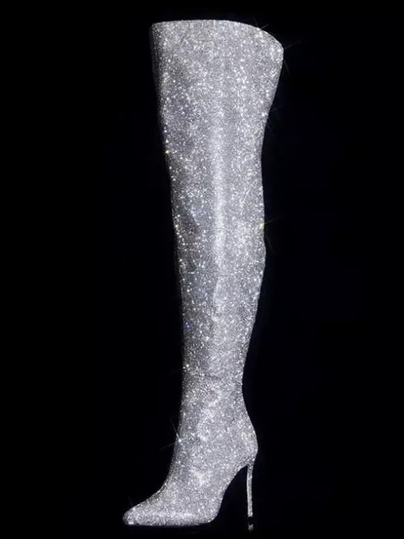 Cuissardes sexy à strass et bout pointu fermeture éclair talons hauts cuissardes