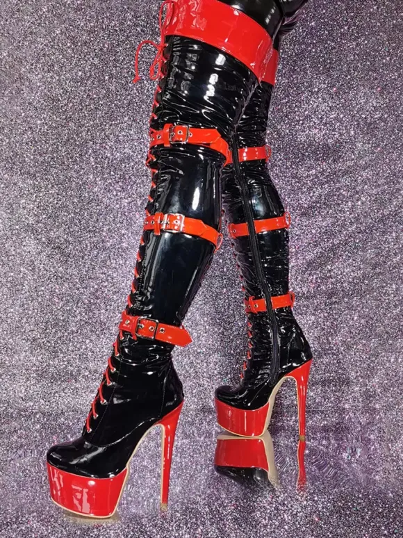 Cuissardes Talon Aiguille Chaussures Femme Sexy Noir Rouge À Lacet