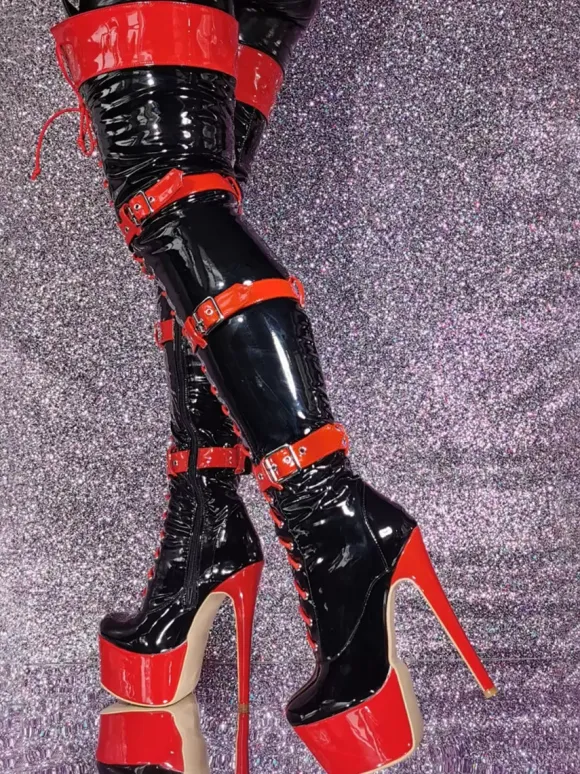Cuissardes Talon Aiguille Chaussures Femme Sexy Noir Rouge À Lacet