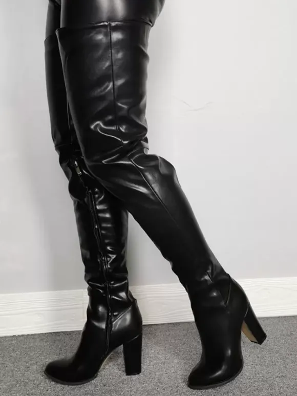 Cuissardes Talons Hautes Sexy Femmes Hivers à Cuir Synthétique avec Bout Rond à Zip Unicolore Bottes Talons Hautes Sexy Hiver