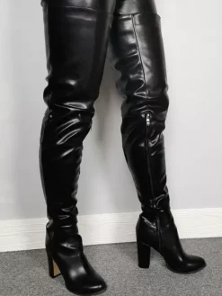 Cuissardes Talons Hautes Sexy Femmes Hivers à Cuir Synthétique avec Bout Rond à Zip Unicolore Bottes Talons Hautes Sexy Hiver
