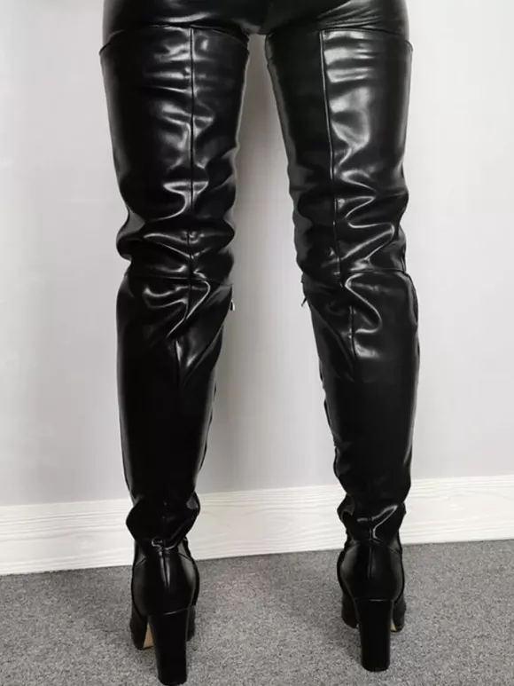 Cuissardes Talons Hautes Sexy Femmes Hivers à Cuir Synthétique avec Bout Rond à Zip Unicolore Bottes Talons Hautes Sexy Hiver