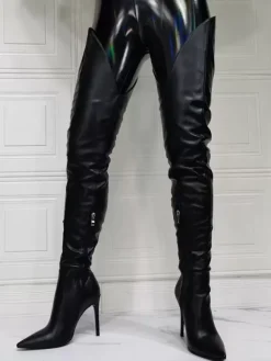 Cuissardes à Talons Hauts Femme avec Bout Pointu à Zip en Cuir Synthétique Unicolore