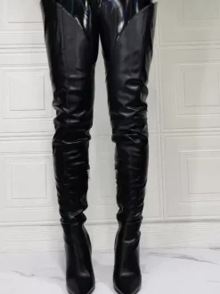 Cuissardes à Talons Hauts Femme avec Bout Pointu à Zip en Cuir Synthétique Unicolore