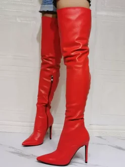 Cuissardes à Talons Hauts Femme avec Bout Pointu à Zip en Cuir Synthétique Unicolore