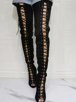 Cuissardes à talons hauts à lacets pour femmes en daim noir