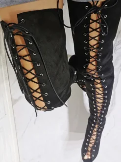 Cuissardes à talons hauts à lacets pour femmes en daim noir