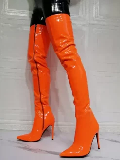 Cuissardes à talons hauts pour femmes en cuir verni brillant orange