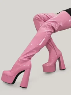 Cuissardes violettes sexy à plateforme et talon bloc au dessus du genou