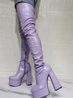 Cuissardes violettes sexy à plateforme et talon bloc au dessus du genou