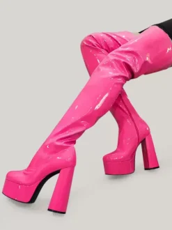 Cuissardes violettes sexy à plateforme et talon bloc au dessus du genou