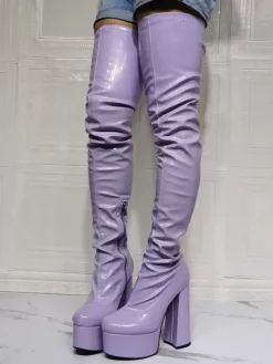 Cuissardes violettes sexy à plateforme et talon bloc au dessus du genou