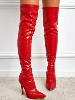 Cuissarde à Talons Hauts Femme en Cuir Synthétique avec Bout Rond Unicolore