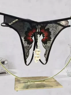 Culotte string en dentelle noire transparente avec perles et perles lingerie féminine