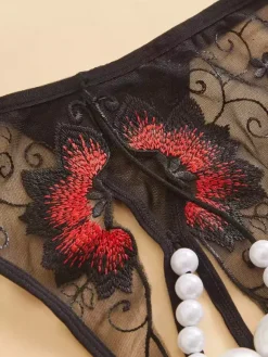 Culotte string en dentelle noire transparente avec perles et perles lingerie féminine