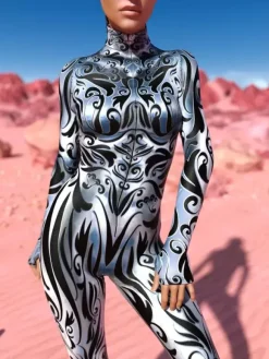 Cyberpunk Combinaison zentai à motifs combinaison pour femme veinée argent-blanc combinaison texturée imprimée en 3D effet métallisé brillant