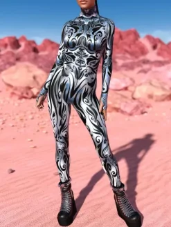 Cyberpunk Combinaison zentai à motifs combinaison pour femme veinée argent-blanc combinaison texturée imprimée en 3D effet métallisé brillant