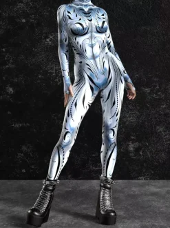 Cyberpunk Combinaison zentai à motifs combinaison pour femme veinée argent-blanc combinaison texturée imprimée en 3D effet métallisé brillant