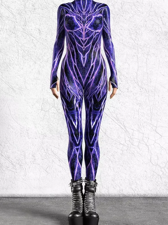 Cyberpunk Combinaisons Zentai à motifs Purple Vein Circuit Body pour femme Combinaison moulante à motif biotechnologique imprimé 3D