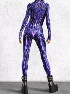 Cyberpunk Combinaisons Zentai à motifs Purple Vein Circuit Body pour femme Combinaison moulante à motif biotechnologique imprimé 3D