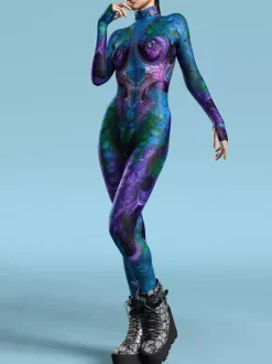 Cyberpunk Combinaisons zentai motifs Halloween Combinaison rouge pour femme imprimé thermique cosplay costume d'Halloween body moulant taille L