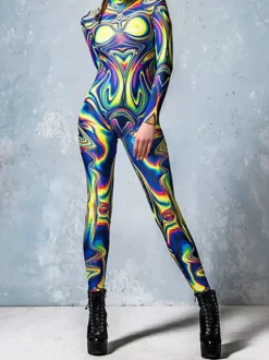 Cyberpunk Combinaisons zentai motifs Halloween Costumes de cosplay pour femmes combinaison sexy couleur élément bleu body d'Halloween pour adultes combinaison de sport taille haute