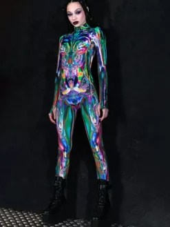 Cyberpunk Combinaisons zentai motifs Halloween Costumes de cosplay pour femmes combinaison sexy couleur élément bleu body d'Halloween pour adultes combinaison de sport taille haute