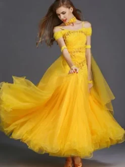 Danse de salon robe volants de Tulle jaune hors le Costume de danse de salon épaule Déguisements Halloween