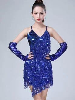 Danse Latine Costume Robes Rouge Femmes Sequin Glands Halter Court Sexy Danse Déguisements Halloween