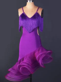 Danse latine robe Organza V Neck Spaghetti Strap franges découpées de Costume de danse latine Bodycon ourlet irrégulier Déguisements Halloween