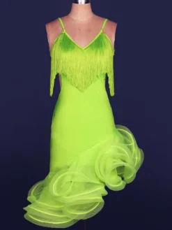 Danse latine robe Organza V Neck Spaghetti Strap franges découpées de Costume de danse latine Bodycon ourlet irrégulier Déguisements Halloween