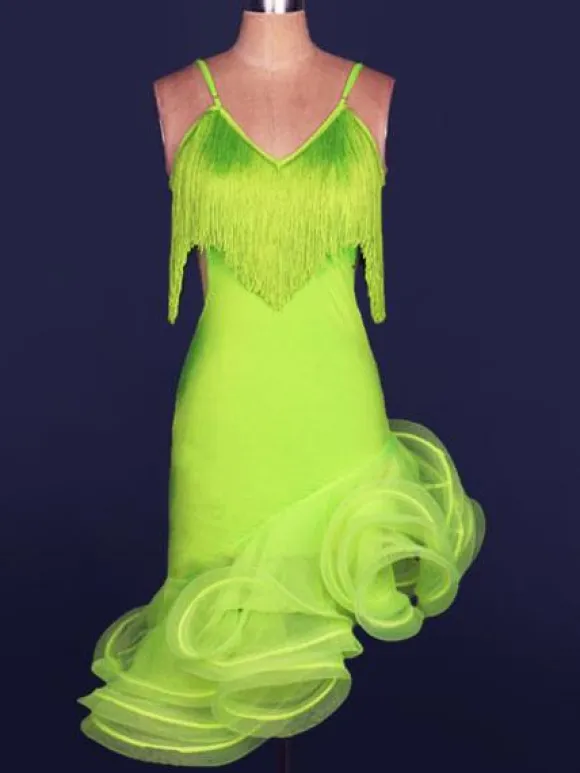 Danse latine robe Organza V Neck Spaghetti Strap franges découpées de Costume de danse latine Bodycon ourlet irrégulier Déguisements Halloween