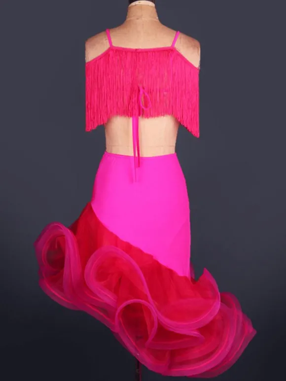 Danse latine robe Organza V Neck Spaghetti Strap franges découpées de Costume de danse latine Bodycon ourlet irrégulier Déguisements Halloween