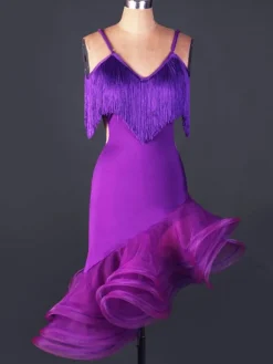Danse latine robe Organza V Neck Spaghetti Strap franges découpées de Costume de danse latine Bodycon ourlet irrégulier Déguisements Halloween