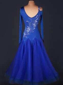 Danse de salon Organza robe bleu Royal Scoop cou Long Sleee Bodycon découper de Costume de danse de salon Swing Pleatred Flare Déguisements Halloween