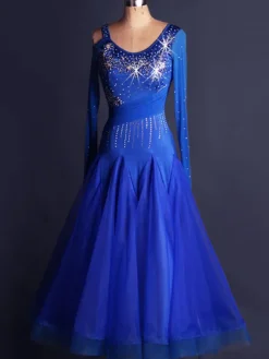 Danse de salon Organza robe bleu Royal Scoop cou Long Sleee Bodycon découper de Costume de danse de salon Swing Pleatred Flare Déguisements Halloween