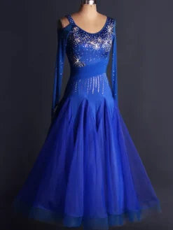 Danse de salon Organza robe bleu Royal Scoop cou Long Sleee Bodycon découper de Costume de danse de salon Swing Pleatred Flare Déguisements Halloween