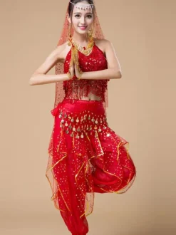 Danse du ventre Costumes Sequin Fringe Rose Polka Dot Danseuse du ventre Tulle Vêtements Danse du ventre pour les femmes Déguisements Halloween
