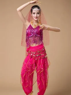 Danse du ventre Costumes Sequin Fringe Rose Polka Dot Danseuse du ventre Tulle Vêtements Danse du ventre pour les femmes Déguisements Halloween