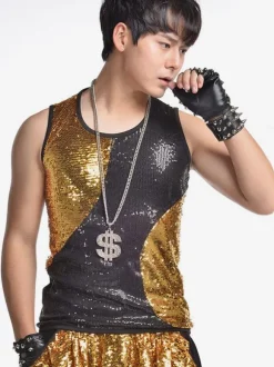 Danse Jazz Costume Gilet Hommes Paillettes Sequin Noir Or Danse Haut Déguisements Halloween