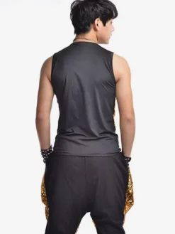 Danse Jazz Costume Gilet Hommes Paillettes Sequin Noir Or Danse Haut Déguisements Halloween