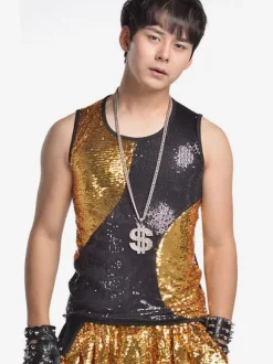Danse Jazz Costume Gilet Hommes Paillettes Sequin Noir Or Danse Haut Déguisements Halloween